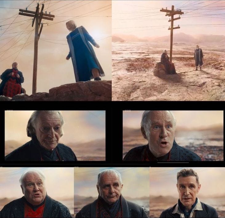 This seven-panel collage includes images from the "Guardians of the Edge" sequence seen in "The Power of the Doctor." Top Row, Left to Right: 1) The Fifth Doctor (played by Peter Davison) chats with the Thirteenth Doctor (played by Jodie Whittaker & 2) The First Doctor (played by David Bradley) speaks to Thirteen; Center Row, Left to Right: 1) the First Doctor & 2) the Fifth Doctor; Bottom Row, Left to Right: 1) the Sixth Doctor (played by Colin Baker), 2) the Seventh Doctor (played by Sylvester McCoy, & 3) the Eighth Doctor (played by Paul McGann. This seven-panel collage includes images from the "Guardians of the Edge" sequence seen in "The Power of the Doctor." Top Row, Left to Right: 1) The Fifth Doctor (played by Peter Davison) chats with the Thirteenth Doctor (played by Jodie Whittaker & 2) The First Doctor (played by David Bradley) speaks to Thirteen; Center Row, Left to Right: 1) the First Doctor & 2) the Fifth Doctor; Bottom Row, Left to Right: 1) the Sixth Doctor (played by Colin Baker), 2) the Seventh Doctor (played by Sylvester McCoy, & 3) the Eighth Doctor (played by Paul McGann.
