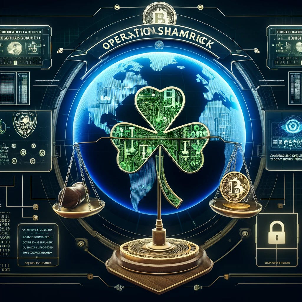 A detailed graphic representing Operation Shamrock, focused on combating cryptocurrency scams. The graphic should feature a digital world map highlighting key global regions affected by these scams. Include symbolic elements like a shamrock intertwined with digital circuits, symbolizing the operation's name and focus. The backdrop should feature binary code and cybersecurity icons like shields and locks, conveying the tech-centric nature of the operation. Add a visual of a balance scale, representing the fight against crime, with one side holding a cryptocurrency coin and the other a gavel, symbolizing justice.