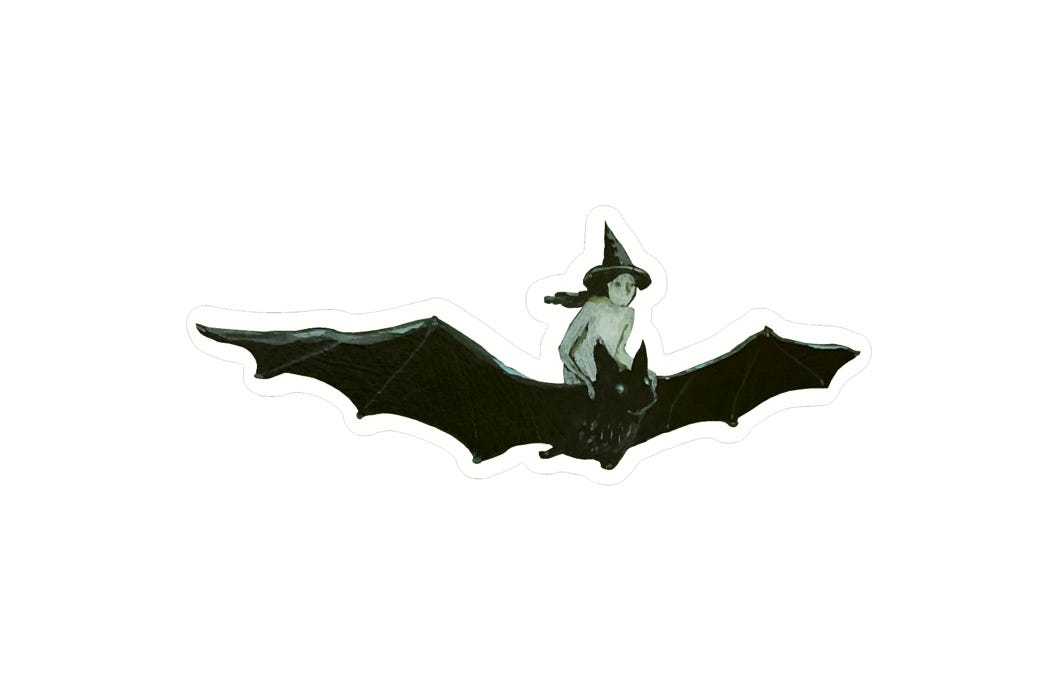 A sticker depicting a nude witch riding a large black bat.