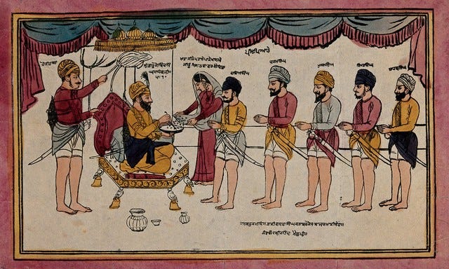 Guru Gobind Singh mixing nectar for his disciples at the birth of Khalsa. Coloured transfer lithograph.