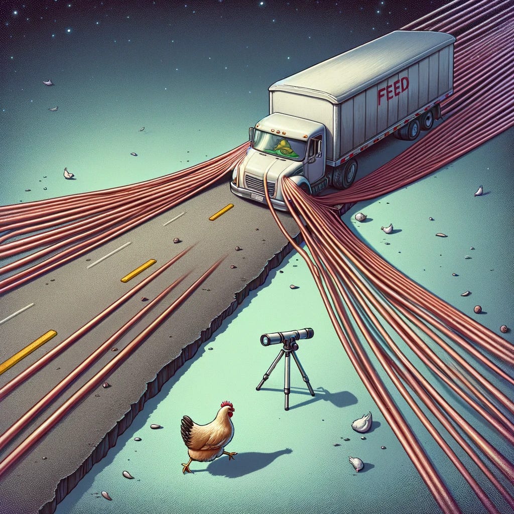 A whimsical and scientifically themed illustration depicting a chicken halfway across the road, with exaggerated lines of gravitational force emanating from a comically oversized feed truck on the opposite side. These lines visually warp the space around the chicken and the road, suggesting a strong gravitational pull. Andrea Ghez is observing this scene through a telescope set up beside the road, adding a layer of scientific observation and wonder. The scene combines realistic elements with playful exaggeration to convey the concept of gravitational attraction in a fun and accessible way.