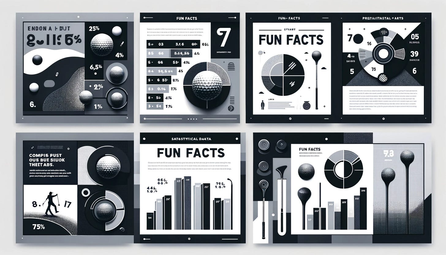 Create a set of sophisticated graphics with a central theme titled 'FUN FACTS'. These should match the style of previously generated images, using a monochromatic color scheme with shades of grey, black, and white. Incorporate elements of golf and statistical data visuals like pie charts, bar graphs, and numbers. The design should be sleek and clean, suitable for a corporate newsletter. The title 'FUN FACTS' should be prominently displayed in the center of each graphic in a modern sans-serif font. The overall design should convey a corporate, analytical feel, while also being engaging and interesting to look at.