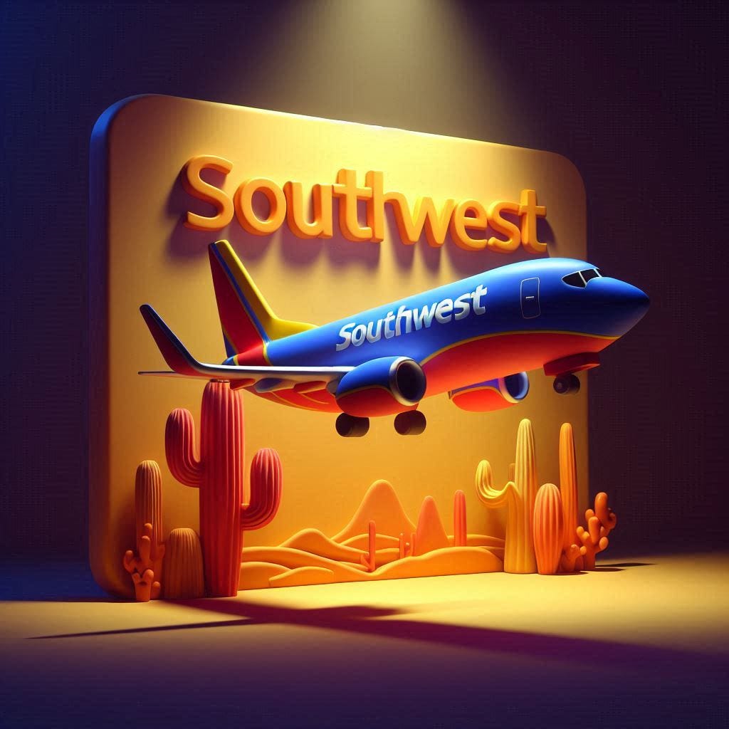 Southwest Airlines  - Claymation - Using bright colours - minimalist image - Smooth Image - with 3d Effects with light projecting from the top in a dark room