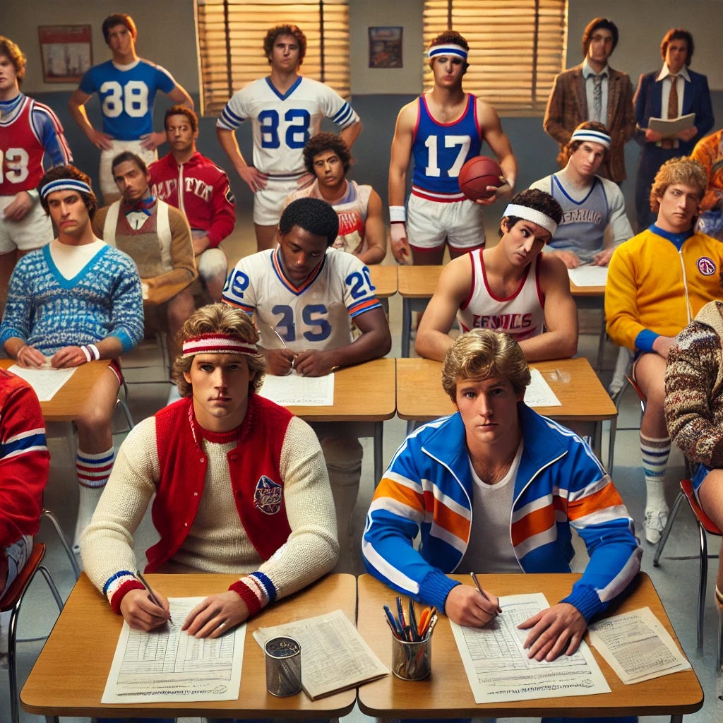 A group of athletes from the 1980s, each representing different sports, gathered in a room to take a personality test. The group includes athletes from football, basketball, boxing, tennis, and track and field. They are dressed in colorful, vintage 1980s athletic wear, including tracksuits, headbands, and jerseys. The room has a casual, retro feel, with paper forms and pens scattered across tables, and the athletes are sitting at desks filling out personality tests. The atmosphere is relaxed yet focused, with the athletes showing different expressions as they engage with the test.