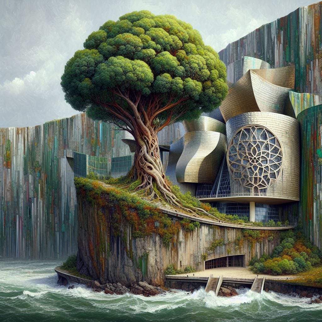 Hyper-realistic; tilt shift; mother earth tree on edge of cliff  with merging Quatrefoil on wall: mother earth tree with white Gothic Tracery: Guggenheim Museum Bilbao. chunky oil painting scrapes of natural coloration, stripes and bands. natural colors Guggenheim structures. The background is layers of resin and green moss.  