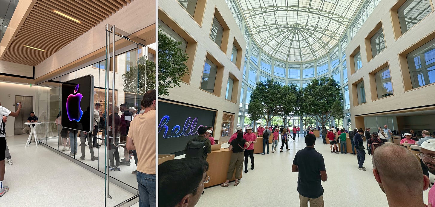 Two photos of Apple Infinite Loop. The photo on the left shows the entrance and a special display with curved corners. The right photo is a wide view of the atrium.