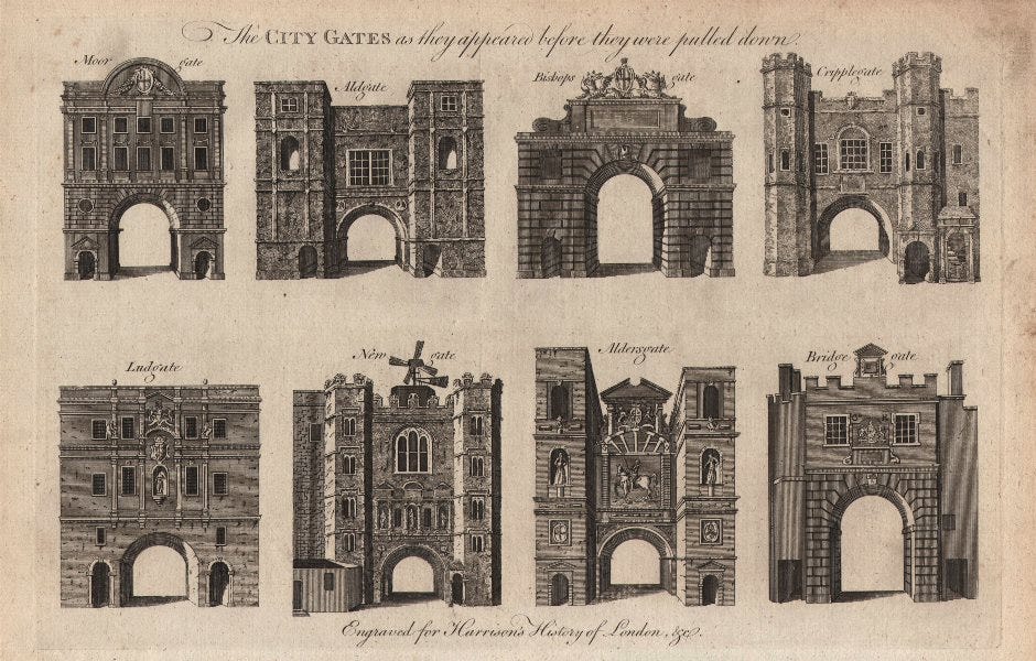Engraved illustration of 8 of the City of London's gates.