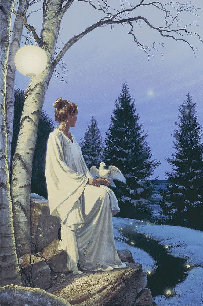 A woman in a plain white gown sits on a rock with her hands resting on her lap. A dove takes perch on her finger as she glances over snow covered trees to a distant star in the night sky. A globe of a paper lantern  hangs above her from the bare branches of a birch tree. At the foot of the rock, small candles line a path that meanders through snowy grass and leads to a break in the trees to water beyond.