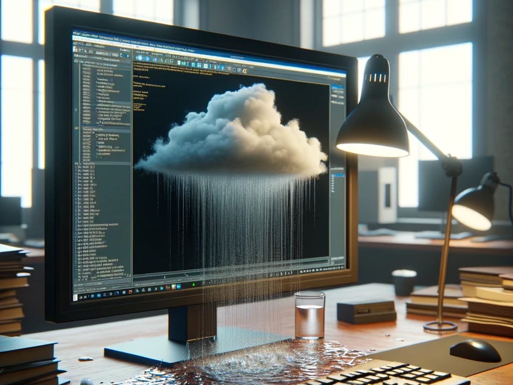 a computer monitor on a desk shows a simulation of a rain cloud that is raining and real water is falling onto the desk