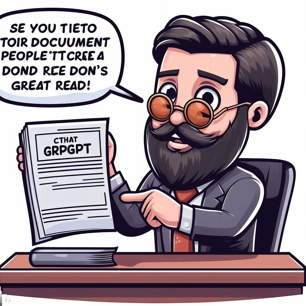  a short bearded man asking chat gpt to create a document people won't read and feeling like he's done a great job cartoon style