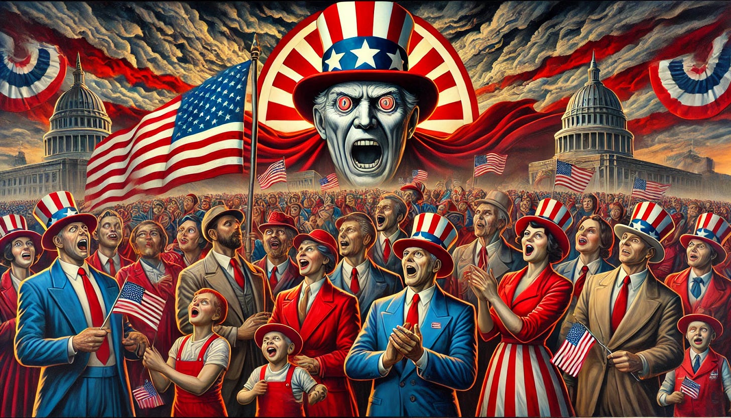 A satirical political scene featuring exaggerated patriotic imagery. A diverse group of caricatured figures, including people of color, in red hats waving American flags, standing in front of a dramatic, dystopian backdrop. In the background, a surreal, imposing authoritarian figure with a mix of historical and modern features looms, evoking propaganda aesthetics. The colors are bold and over-the-top—reds, blues, and yellows—enhancing the irony. The overall tone is absurd and slightly dystopian, making it clear that the scene is satirical.