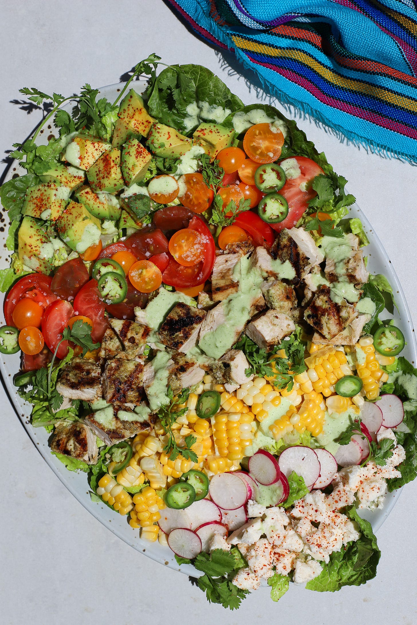 Oval platter with avocado, tomatoes, chicken, corn, radishes, and cheese lined up on shredded lettuce