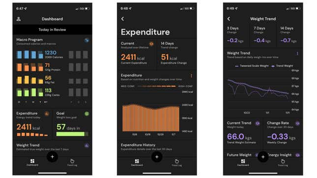 MacroFactor's dashboard screen, calorie expenditure graph, and weight graph