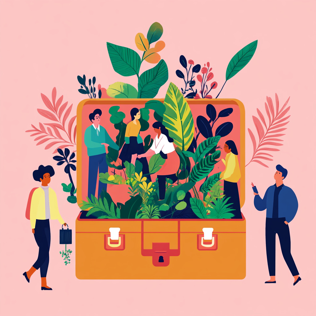 an illustration of A diverse group of office workers tending to a lush, vibrant garden growing out of an open briefcase, symbolising growth and diversity in the workplace.