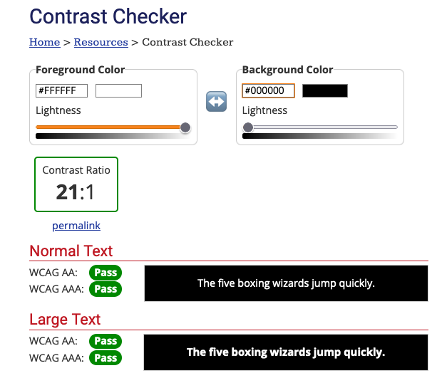 Example of the contrast checker. I tested 2 very different colors together and they passed.