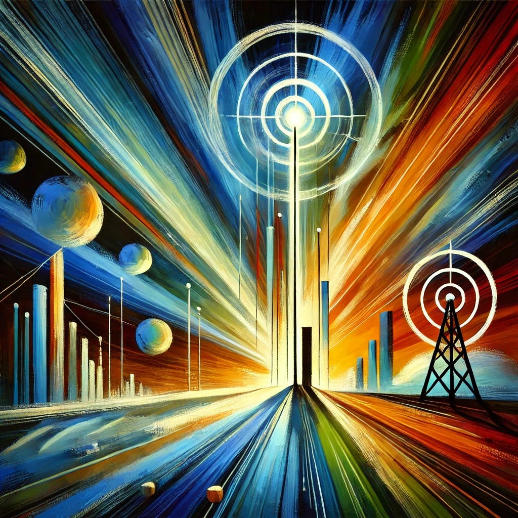 An abstract painting representing the rapid rise of Starlink in Nigeria. The composition features bold, upward-moving shapes in vibrant colors like electric blue, neon orange, and green, symbolizing growth and connectivity. A central glowing orb represents the Lagos base station, with lines radiating outward toward abstract representations of Abeokuta and Port Harcourt. The background shifts from dark, unreliable network tones to bright, energetic hues, symbolizing improved internet access. Include brushstroke textures and layered color fields to convey motion, energy, and transformation. Avoid realistic details; emphasize a playful, modern abstract style in a square 1024x1024 canvas.