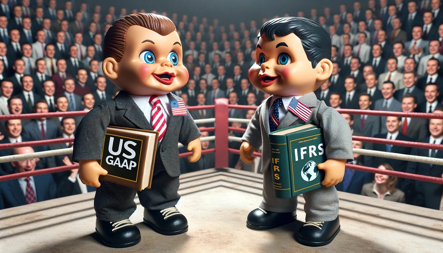 Create a humorous image of a face-off between two dolls, one representing US GAAP and the other representing IFRS. The US GAAP doll could be dressed in a business suit with an American flag pin, holding a thick book titled 'US GAAP'. The IFRS doll could be dressed in a similar business suit but with a globe pin, holding a book titled 'IFRS'. They are in a boxing ring with exaggerated expressions of determination, ready to fight. The background shows an audience of accountants and business people, cheering and laughing.