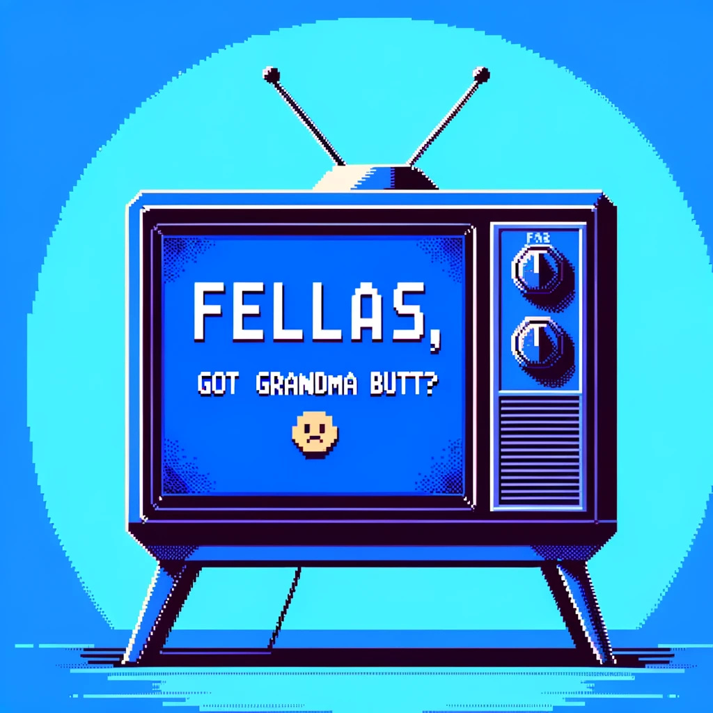 Create an 8-bit style image that depicts a bold blue background with the text "FELLAS, GOT GRANDMA BUTT?" and a simple sad face icon, all displayed on an 8-bit style television set. The television should be designed in a classic 80s style, with a boxy shape, prominent dials, and rabbit ear antennas. The scene captures the essence of watching a humorous infomercial on a vintage TV. This setup aims to evoke nostalgia for the era of 8-bit video games and classic infomercials, using minimalistic design elements to convey the message in a playful and engaging manner. The overall composition should cleverly integrate the TV set into the 8-bit graphic style, ensuring that the message and the sad face icon are clearly visible on the TV screen, set against the retro backdrop.