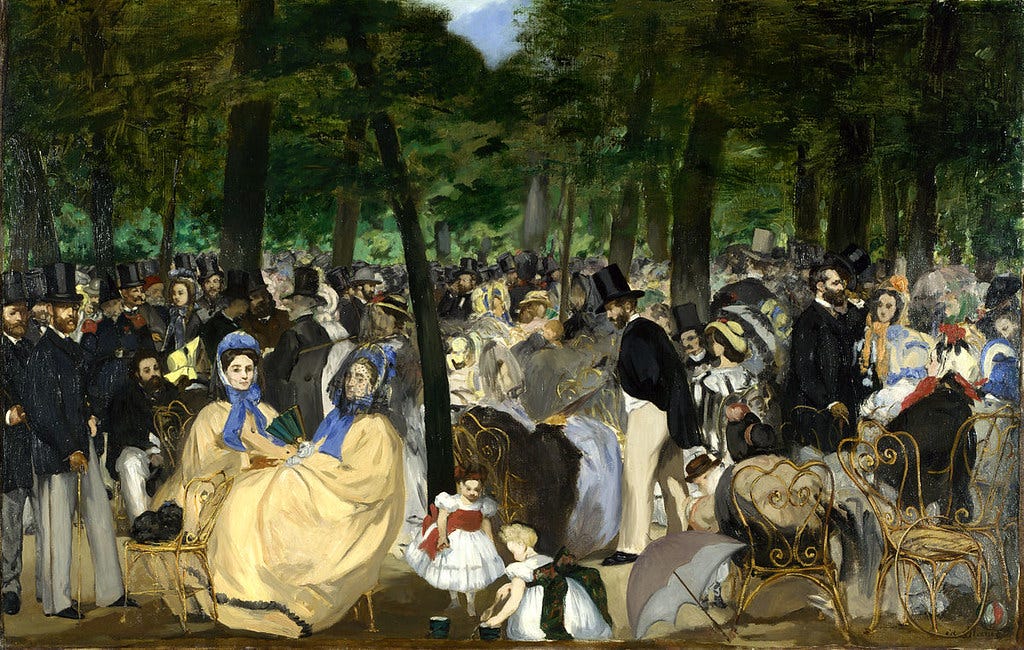 Music in the Tuileries Gardens, by Edouard Manet (1862). The parks of Paris, particularly the Tuileries gardens and the new Bois de Boulogne, provided entertainment and relaxation for all classes of Parisians during the Second Empire.