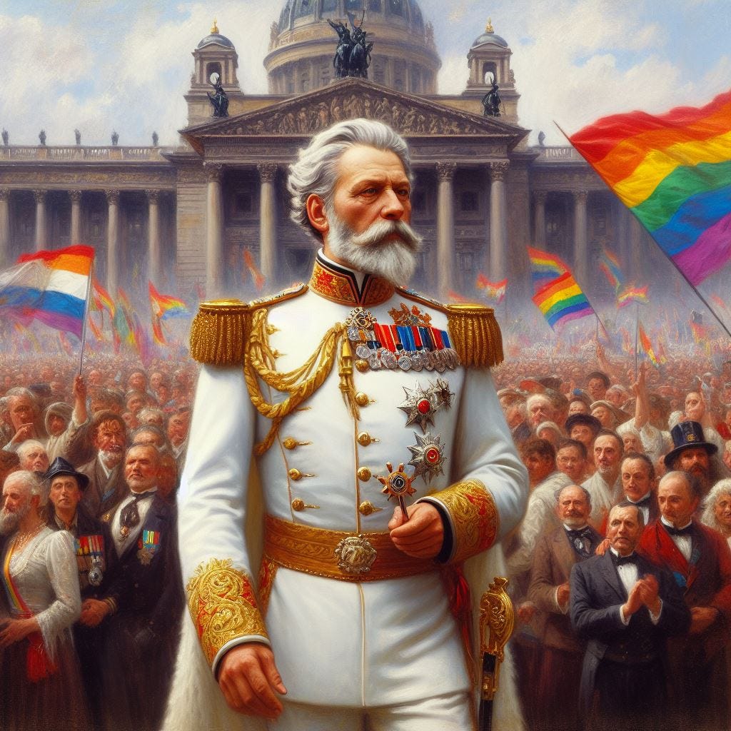 an elderly emperor Franz Joseph of a central european empire, leading a pride event in the country's capital, oil painting. Remember about his signature sideburns and white uniform