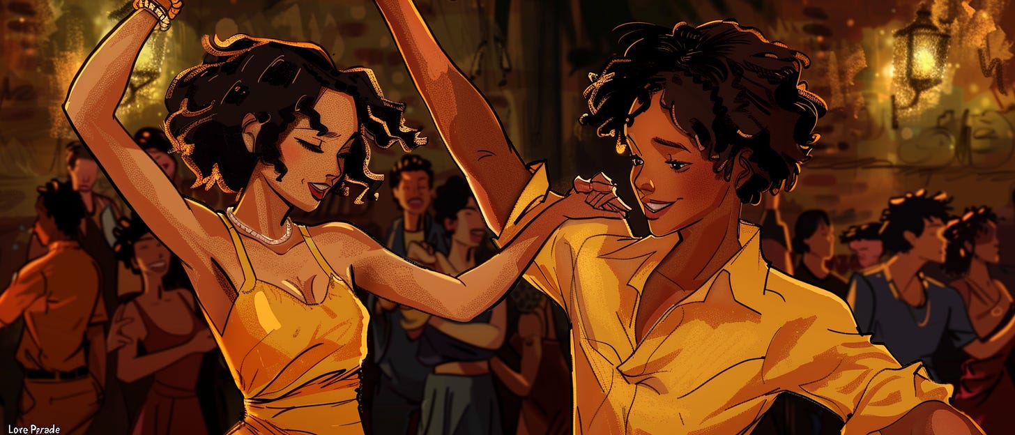 Animated couple dancing closely, joyfully smiling at each other in a vibrant, lively party scene. The woman, in a yellow dress, and the man, in a yellow shirt, are surrounded by other dancing and socializing people, under warm, glowing lights.