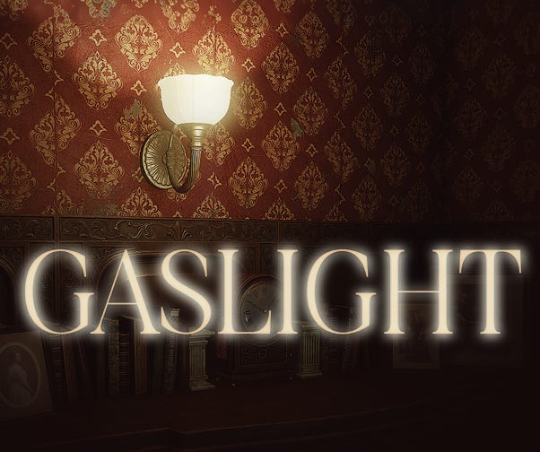 Promotional image for Formby Little Theatre's Gaslight. Victorian wallpaper is partially lit by a gas lamp. The word Gaslight is written in luminescent white.