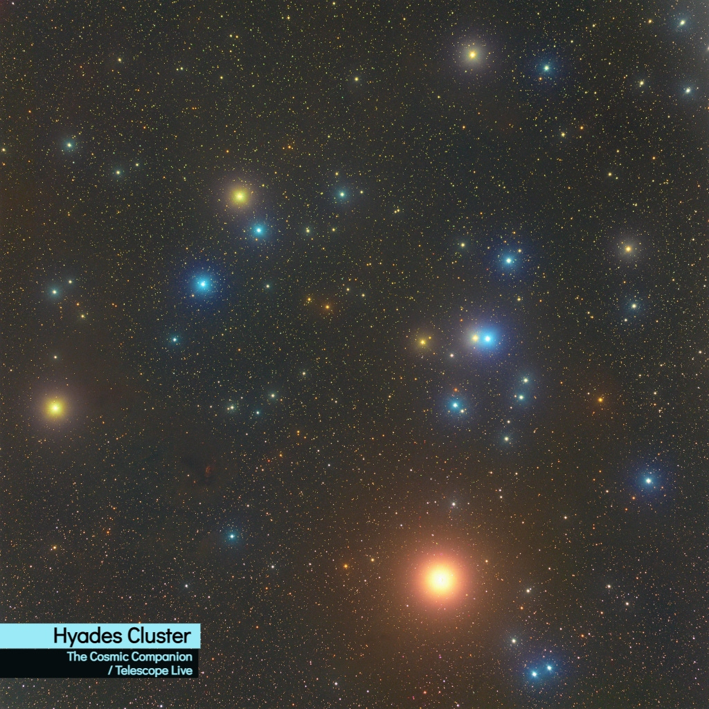 An open cluster of stars, mostly orange and blue, loosely huddled in space.