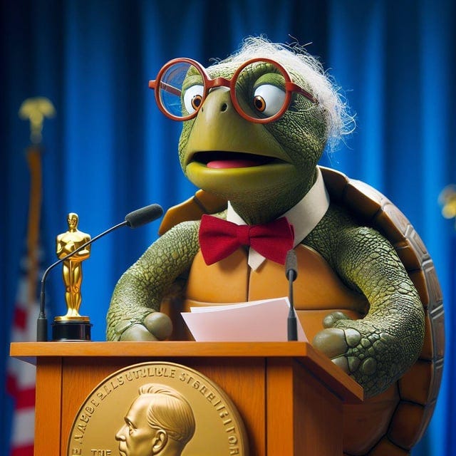r/weirddalle - Herbert the intellectual turtle gives a speech after winning the Nobel prize