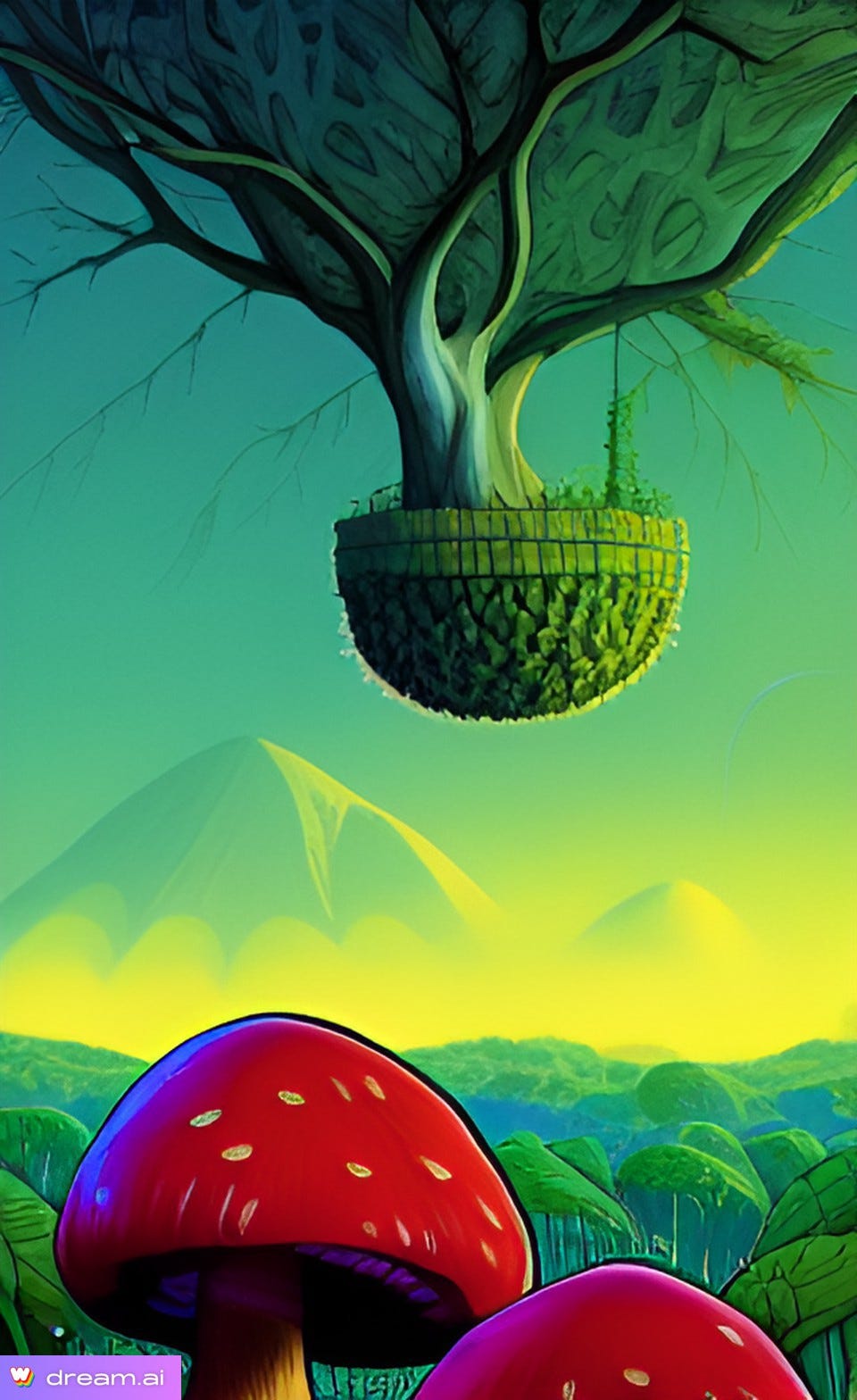 A.I. image of a tree in a pot floating over some mushrooms with a mountain range in the distance.