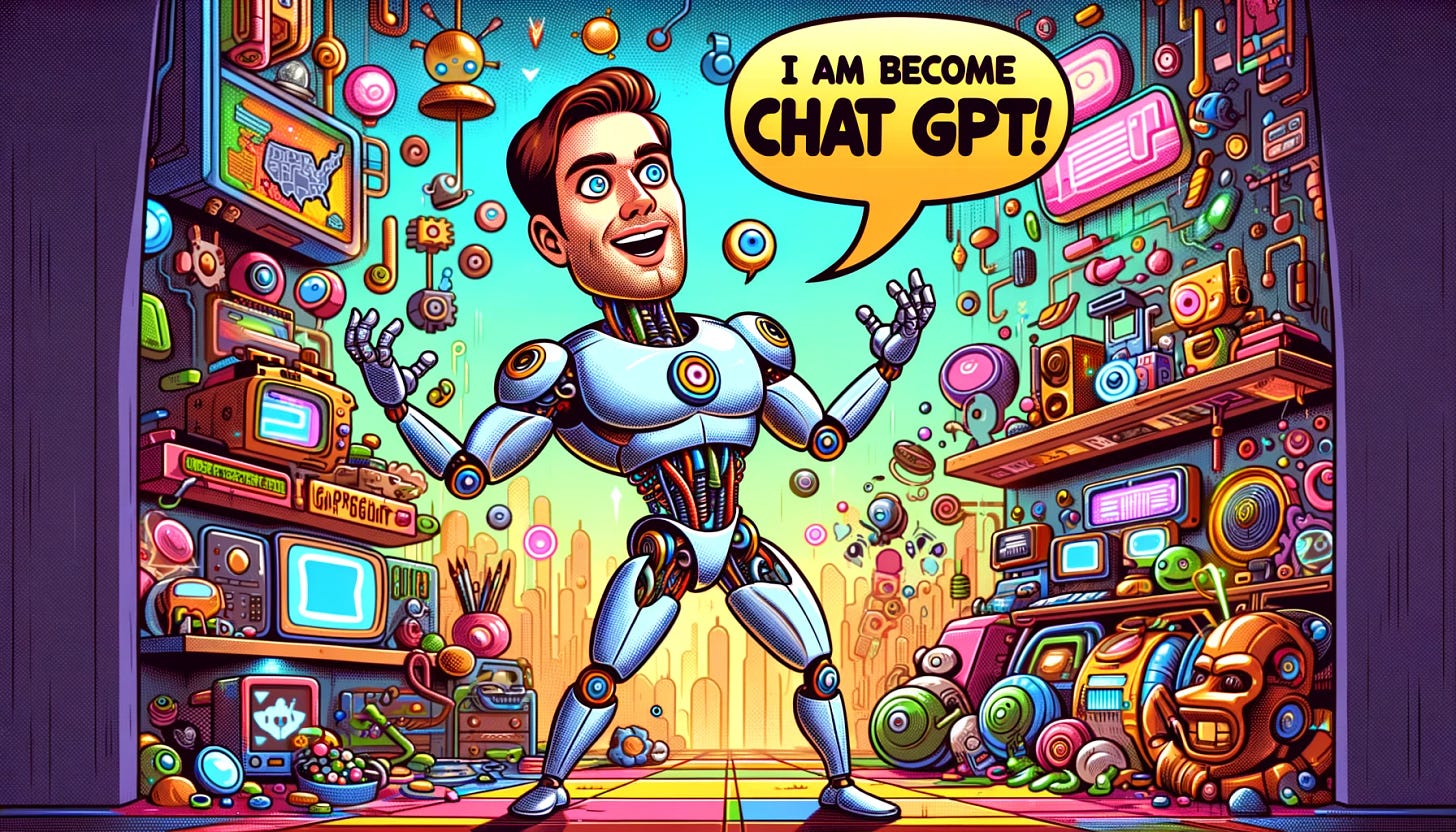 A wide, humorous cartoon scene featuring a man with a robot body in a colorful room filled with futuristic gadgets and whimsical tech paraphernalia. The robot-man is in a dynamic pose, with one hand on his hip and the other raised in a triumphant gesture. His human head has a playful expression, while his robot body is detailed with visible gears, circuits, and glowing elements. A speech bubble boldly declares, "I am become Chat GPT!" in a fun, comic-style font.