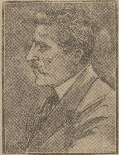 A 1917 court drawing showing a profile view of the head and shoulders of a man, facing the left of the image. He has short hair and a moustache, and a straight nose. He looks serious and has either scars or deep wrinkles on his left cheek. He is wearing a suit jacket with a white shirt underneath.