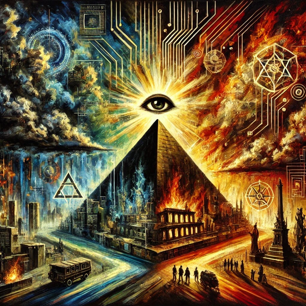 A dramatic oil painting representing global power structures and their conflict over centuries. The foreground features a shadowy pyramid with an illuminated eye at its peak, symbolizing control and surveillance. Surrounding the pyramid are abstract depictions of historical events such as wars, revolutions, and industrial development, shown through swirling fiery colors and crumbling architecture. On one side, dark stormy clouds symbolize oppression and secrecy, while beams of golden light break through on the other side, representing hope and resistance. The background merges digital circuits with traditional symbols of spirituality and nature, depicting the tension between technological control and human freedom. Bold, expressive colors with deep reds, blacks, golds, and greens, and textured, chaotic strokes.