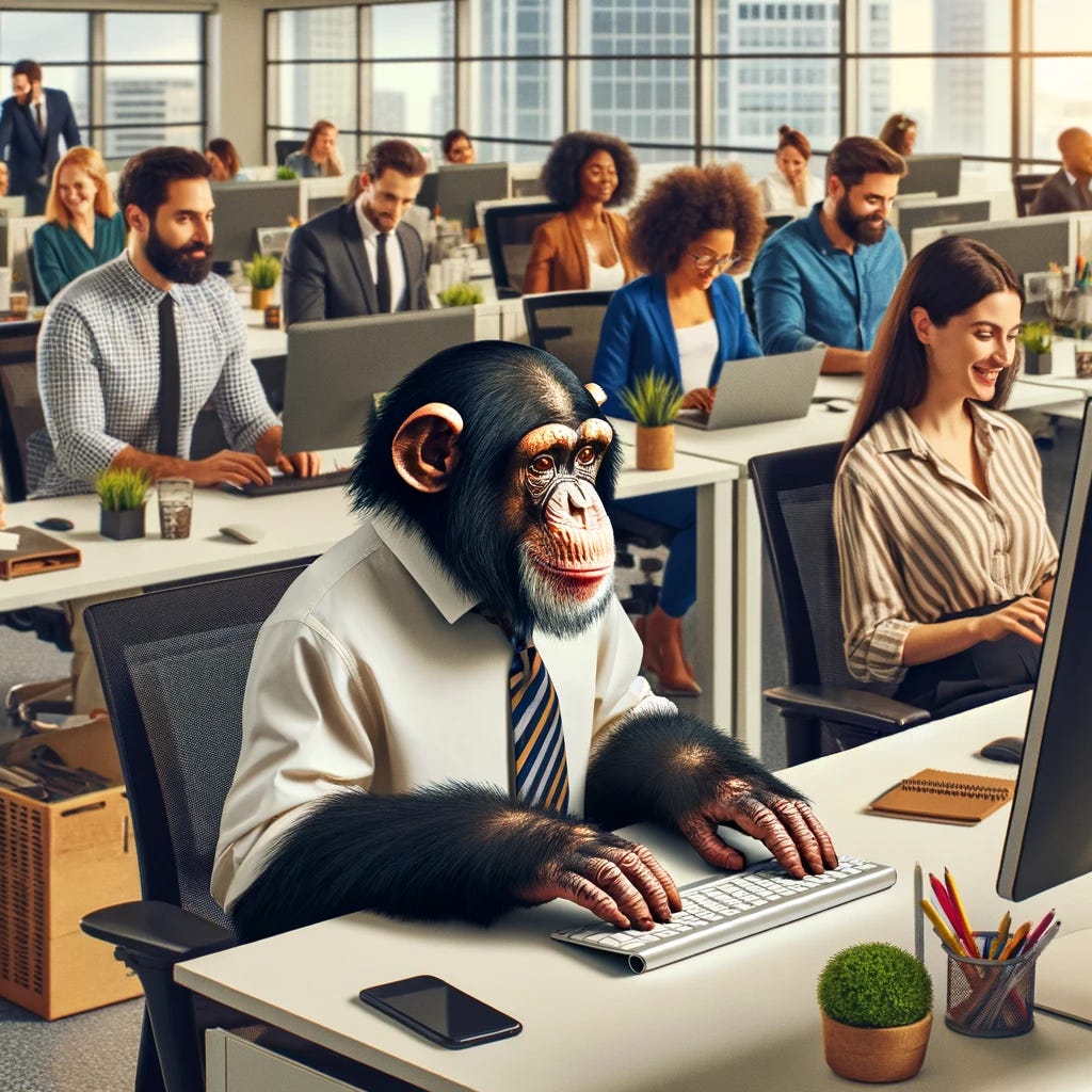 A humorous scene depicting a chimpanzee dressed in business casual attire, sitting at an office desk surrounded by human coworkers of diverse descents and genders. The chimpanzee is intently typing on a computer keyboard, with a look of concentration on its face. The office environment is modern with computers, office plants, and typical office supplies. The human coworkers, each of different descents including Caucasian, Hispanic, Black, and South Asian, and of mixed genders, are also working at their desks, some looking amused by their primate colleague.