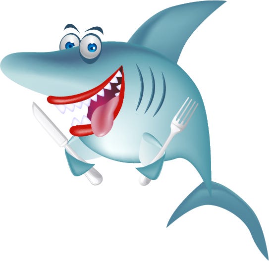 cartoon of shark with eating utensils