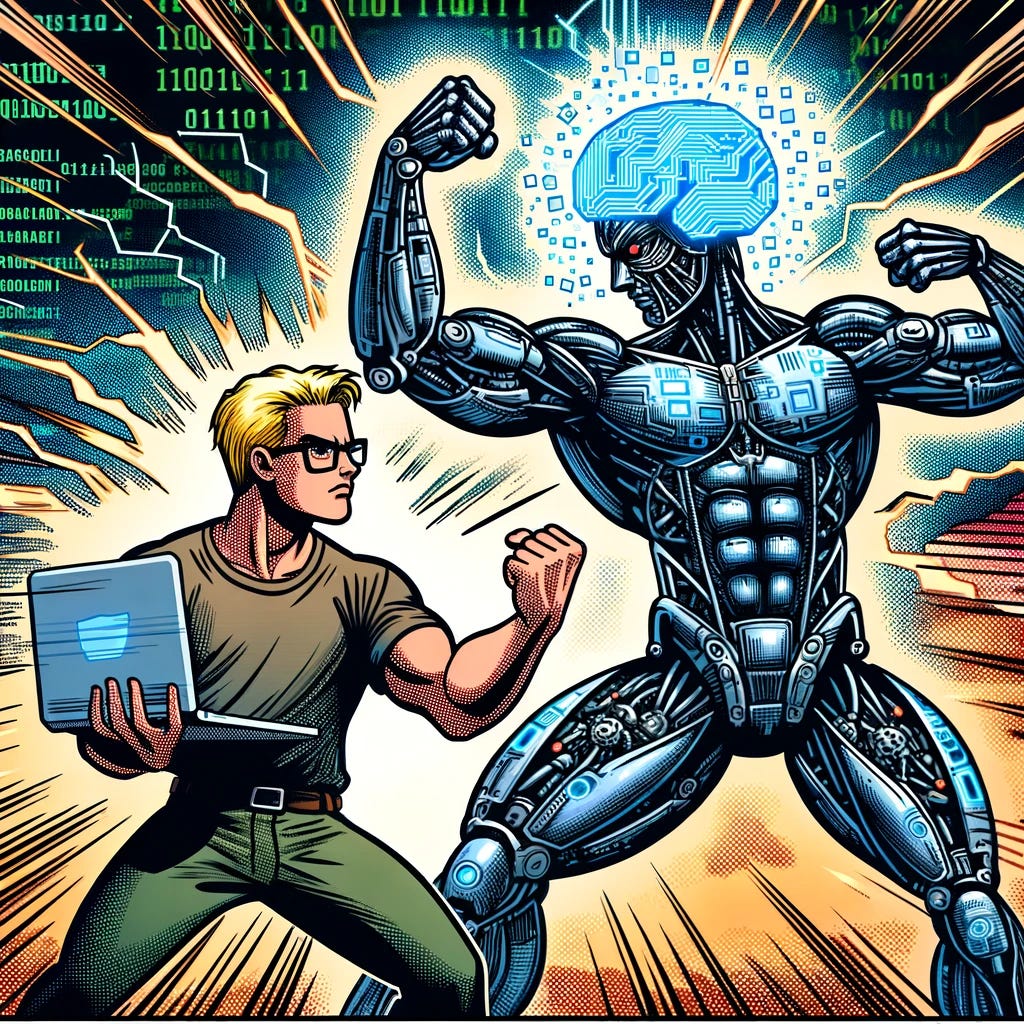 Comic book style illustration of a generic programmer with blonde hair and a larger head, fighting against a symbolic representation of Artificial Intelligence. The programmer is depicted as a heroic figure with exaggerated muscles, wearing a t-shirt and glasses, holding a laptop as a shield. The Artificial Intelligence is visualized as a towering robot with a digital brain, emitting glowing lines of code. The background is a chaotic digital landscape, with binary code and circuit patterns. The scene is dynamic, with bold lines and vibrant colors typical of comic book art.