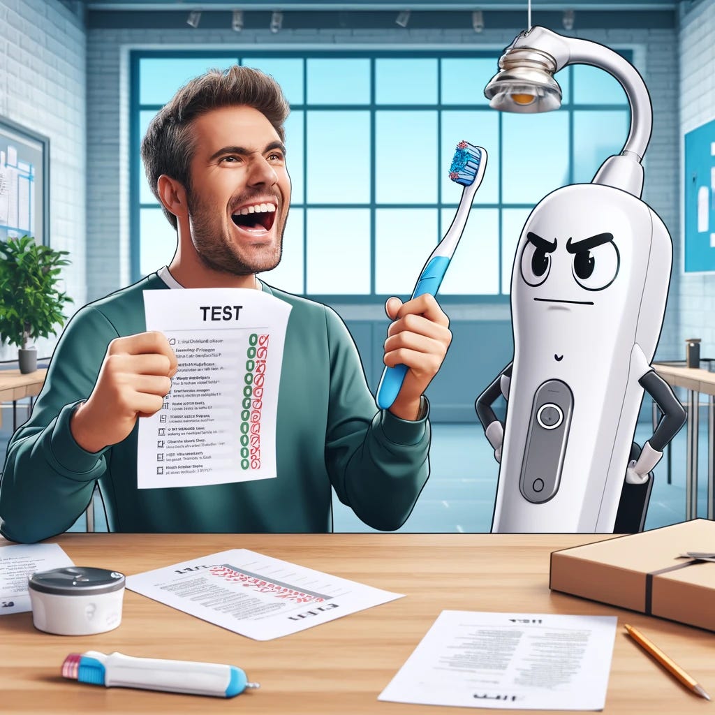 A humorous scene where a man is sitting at a desk, smiling and looking victorious, with an IQ test in front of him showing high marks. Next to him, an electric toothbrush is at the desk, looking frustrated (cartoon-like face) and holding a pencil with incorrect answers on its IQ test. The setting is a brightly lit, modern room with test papers scattered around and a whiteboard in the background. The overall atmosphere is light-hearted and comedic.