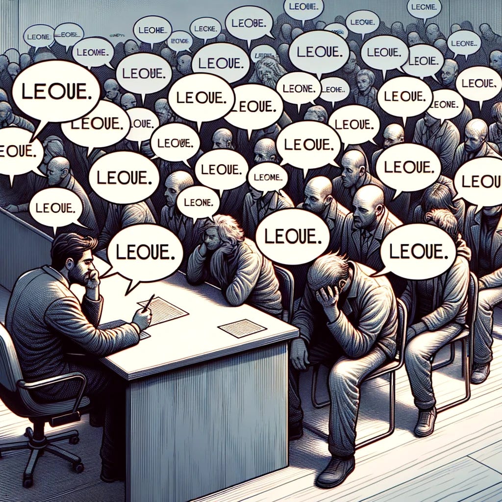 An exhausted person sitting at a desk, speaking to a line of people. The person is depicted with a weary expression, conveying a sense of fatigue and repetition. They are surrounded by speech bubbles showing the same phrase being repeated to each individual in the line. The setting is an office or public service environment, emphasizing the repetitive nature of the person's task. The scene captures the feeling of being overwhelmed by the monotony of repeating the same information multiple times.