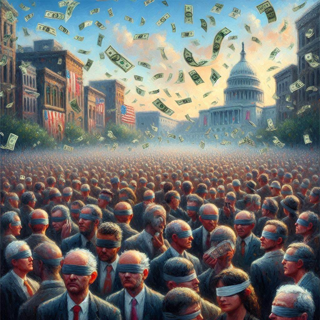 oil painting of a crowd of people wearing blinders and missing money raining from the sky