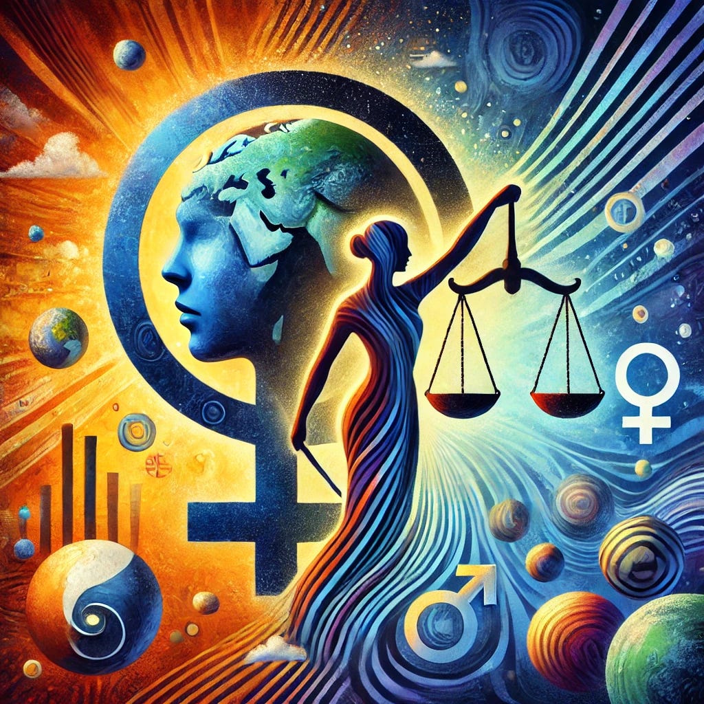 A visually striking artistic image focusing on climate change and equality. The image should use symbolic elements such as abstract representations of gender and climate science. Incorporate elements like a balanced scale symbolizing equality and an abstract earth or climate-related symbols to convey the theme. Use a professional and thought-provoking style with vibrant colors and engaging visuals. Ensure the image is entirely text-free and does not include any people.