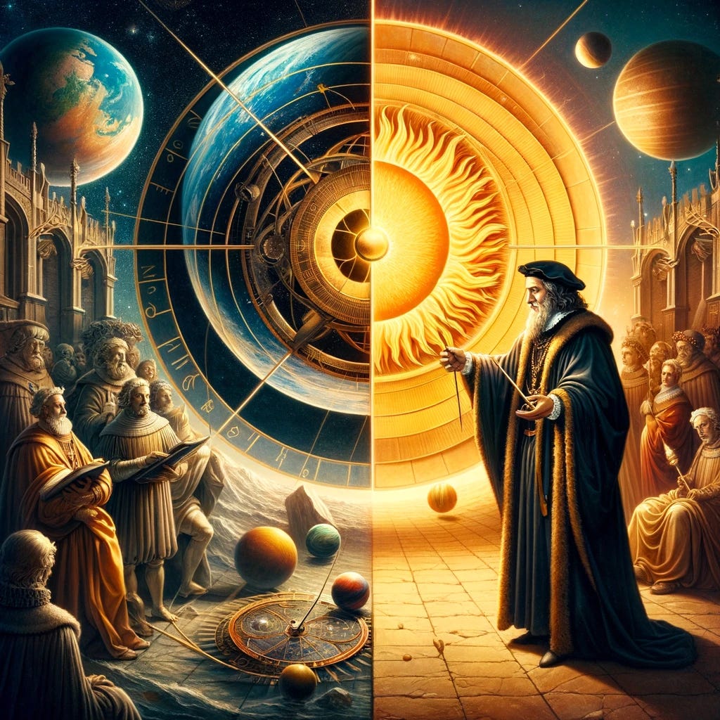 An image symbolizing the Copernican Revolution, depicting the transition from a geocentric to a heliocentric model of the universe. The scene showcases a Renaissance-era astronomer, possibly resembling Copernicus, standing before a split background: one side illustrates the Earth at the center of the universe with medieval cosmology, while the other side reveals the sun-centered solar system with planets orbiting around it. The astronomer is holding a celestial globe or an astrolabe, pointing towards the heliocentric model, symbolizing the shift in worldview. The contrast between the two models highlights the groundbreaking change in understanding our place in the cosmos.