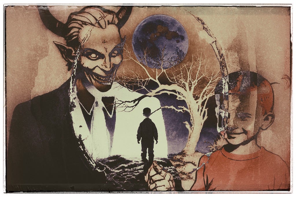 Artwork montage depicts a young boy facing away toward a full moon, and a silhouette of a tree, superimposed on that is a larger image of the devil in a suit holding the hand of a young boy who is warmly smiling.
