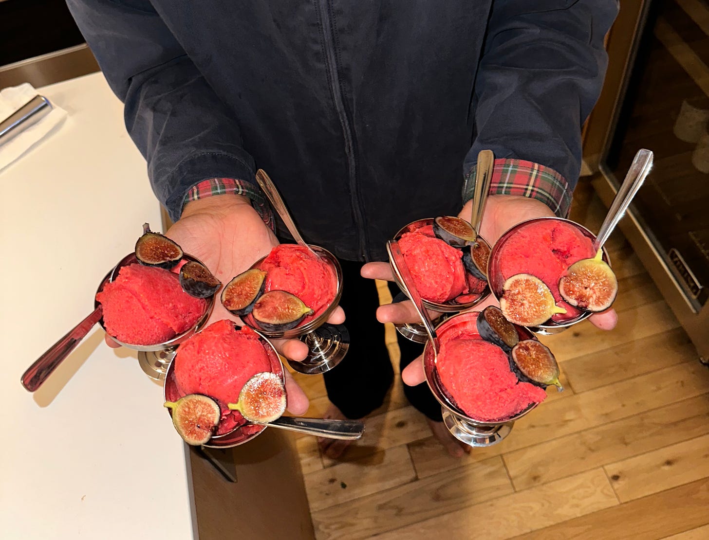 Fig leaf-raspberry sorbet in vintage steel ice cream bowls