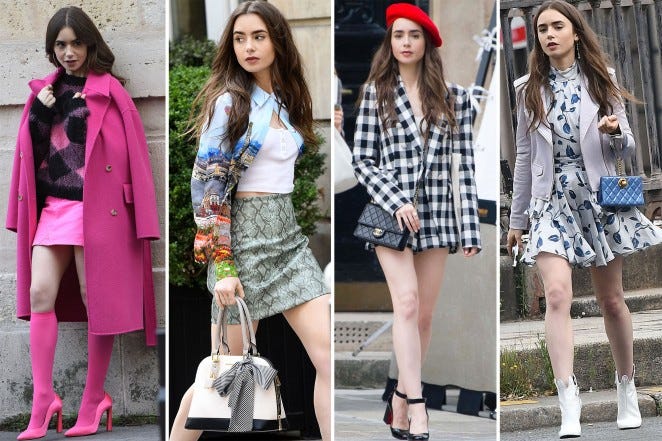 Lily Collins in scenes from the series "Emily in Paris."