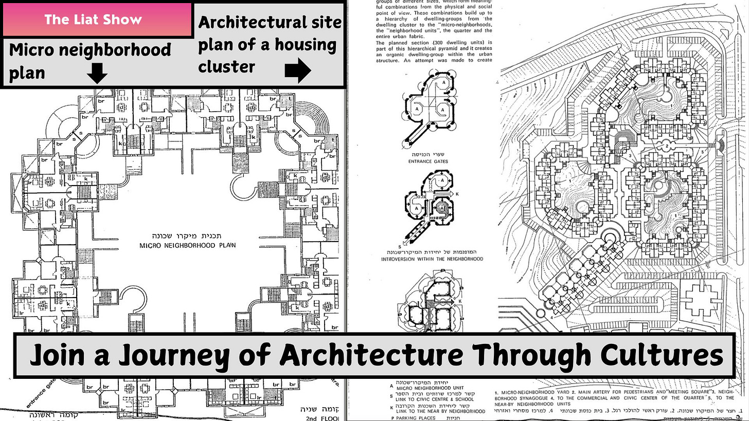 Side-by-side architectural diagrams showcasing housing design strategies. On the left, a micro-neighborhood floor plan highlights internal residential layouts with labeled living spaces and shared areas. On the right, a broader site plan presents a full housing cluster with multiple buildings arranged in an organized urban layout, including labeled paths, open courtyards, and public amenities. Additional inset diagrams illustrate neighborhood components like entrance gates and movement systems. At the bottom, a large caption reads “Join a Journey of Architecture Through Cultures.”