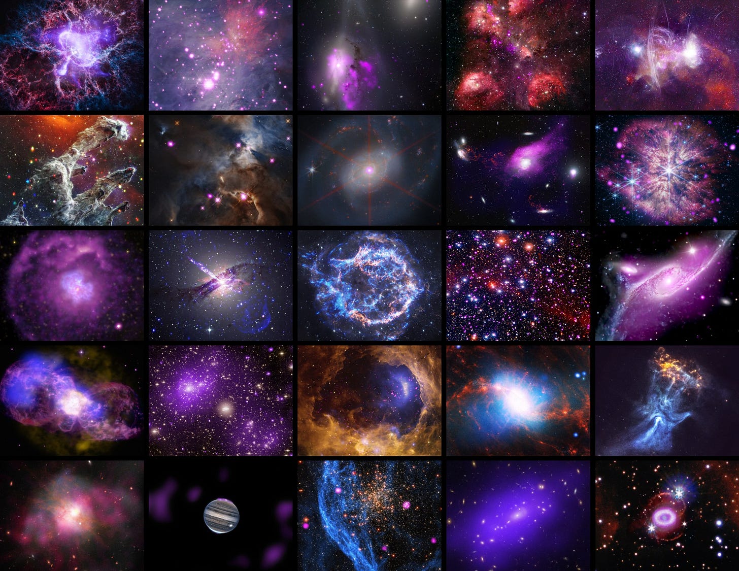 This image shows a collection of 25 new space images celebrating the Chandra X-ray Observatory's 25th anniversary. The images are arranged in a grid, displayed as five images across in five separate rows. Starting from the upper left, and going across each row, the objects imaged are: Crab Nebula, Orion Nebula, The Eyes Galaxies, Cat's Paw Nebula, Milky Way's Galactic Center, M16, Bat Shadow, NGC 7469, Virgo Cluster, WR 124, G21.5-0.9, Centaurus A, Cassiopeia A, NGC 3532, NGC 6872, Hb 5, Abell 2125, NGC 3324, NGC 1365, MSH 15-52, Arp 220, Jupiter, NGC 1850, MACS J0035, SN 1987A.