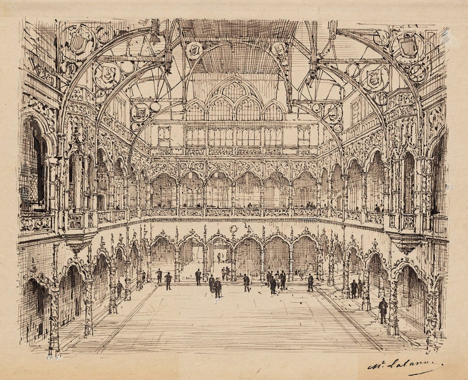 The neo-gothic stock exchange in Antwerp, ca. 1886 (drawing by Maxime Lalanne)