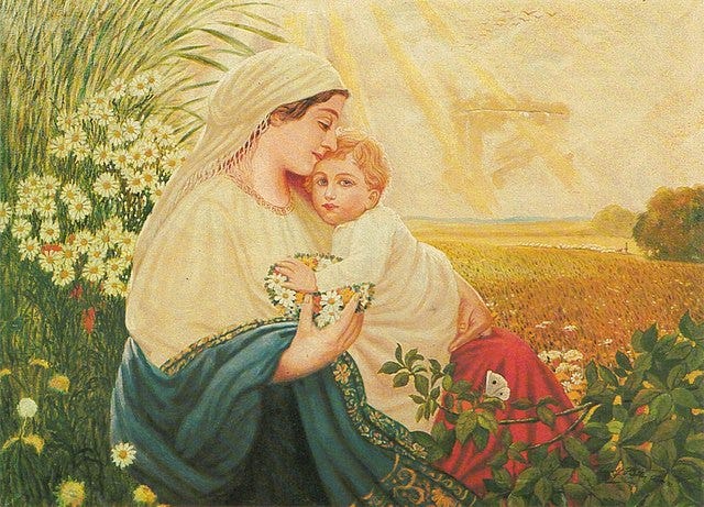A colourful painting of Mary and baby Jesus