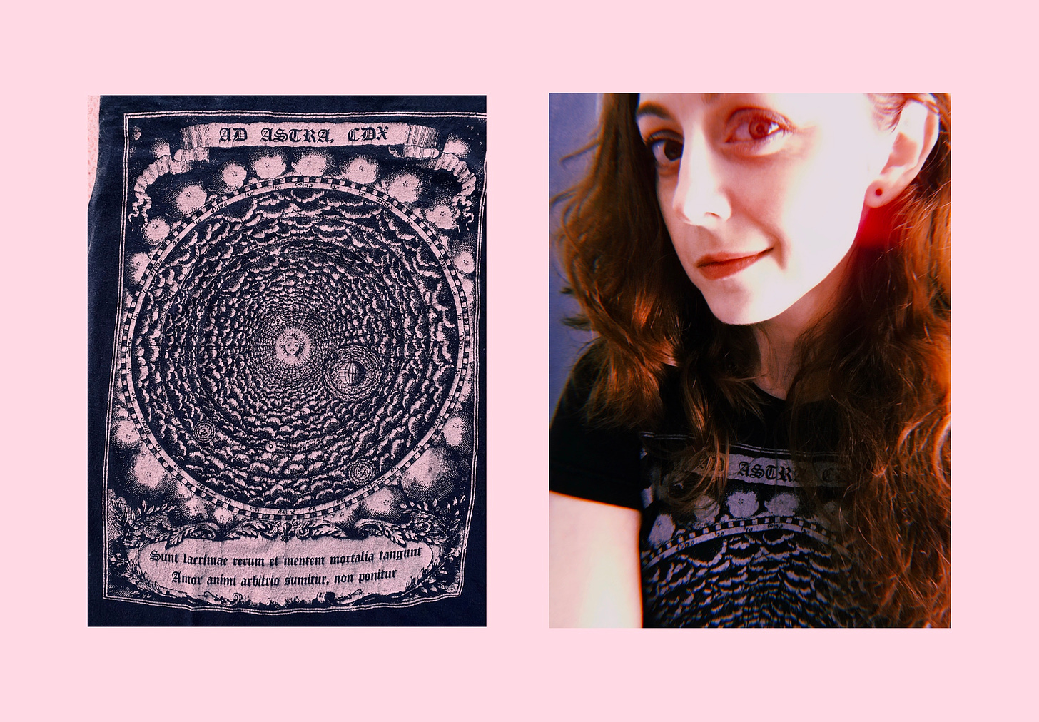 A composite image. On the left, a closeup of the front of a black tshirt printed with a silver illustration. On the right, a portrait of Kate wearing the shirt and half-smiling at the camera.