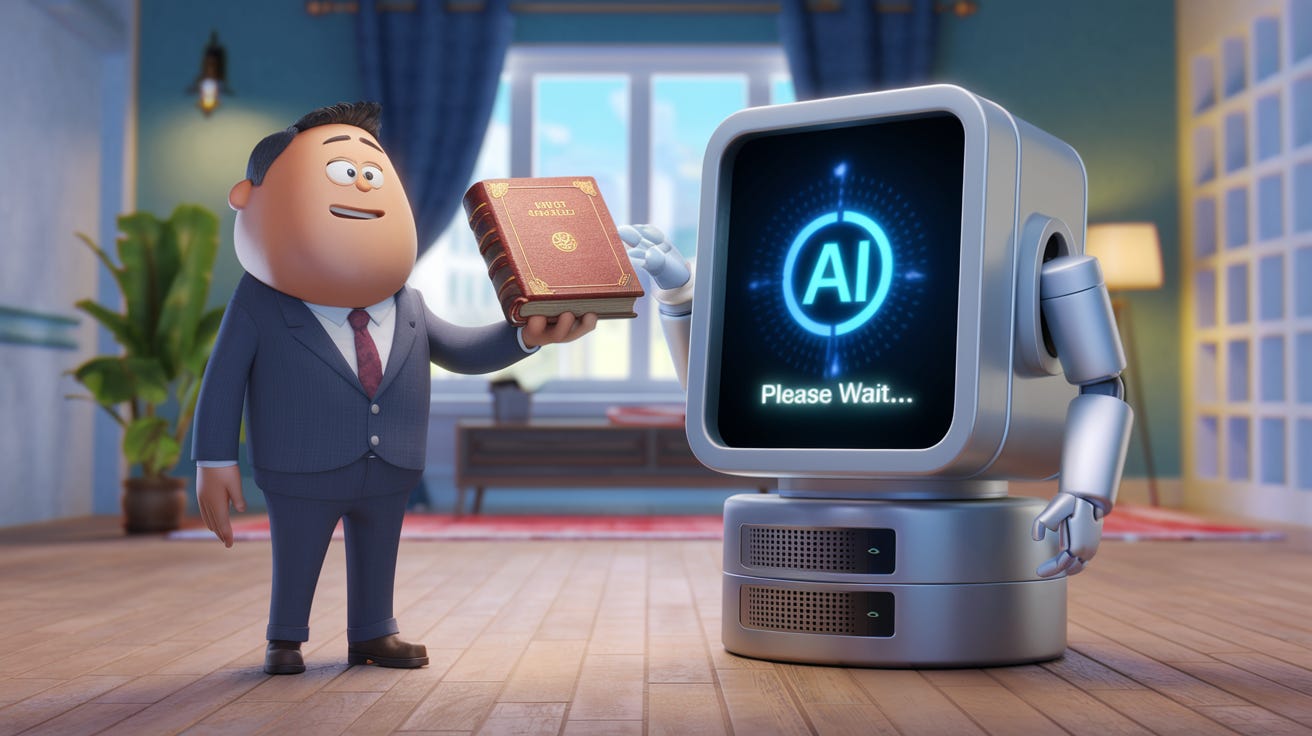 AI-generated image of an animated man in a suit handing a book to an AI