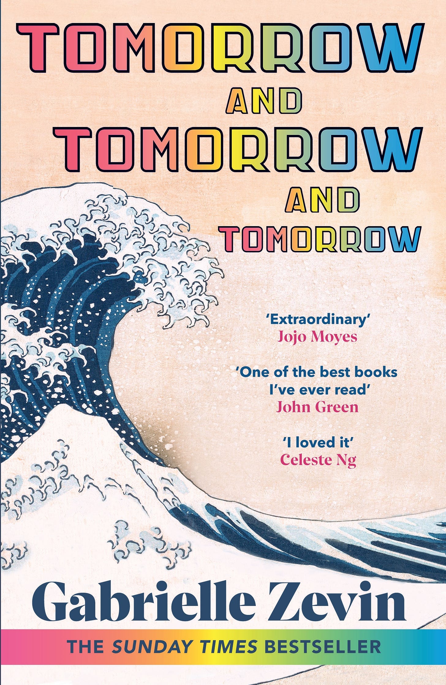 The cover of the book Tomorrow And Tomorrow and Tomorrow by Gabrielle Zevin, featuring an illustration on Hokusai's The Great Wave off Kanagawa